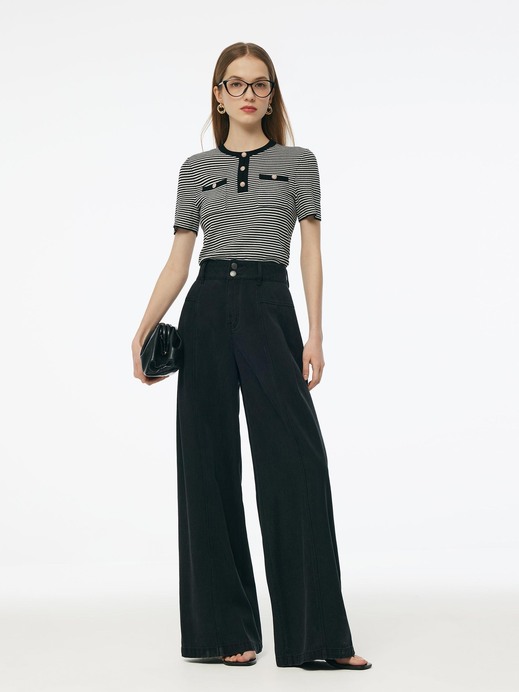 Tencel Blend Black And White Stripe Women Knit Top Product Image