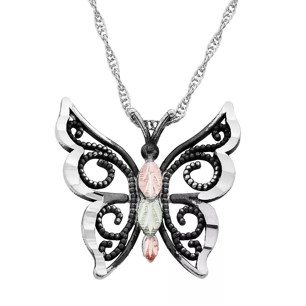 Black Hills Gold Tri-Tone Butterfly Pendant Necklace in Sterling Silver, Women's, Size: 18", 10k Gold Product Image