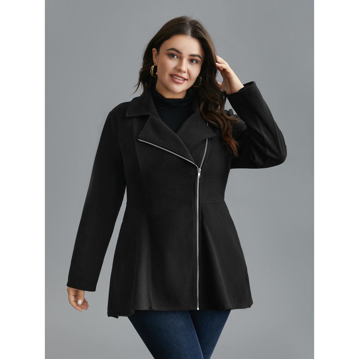 Plus Size Curved Hem Zipper Placket Pockets Coat Women Black Elegant Non Bodycon Ladies Everyday Winter Coats BloomChic 14-16/1X Product Image