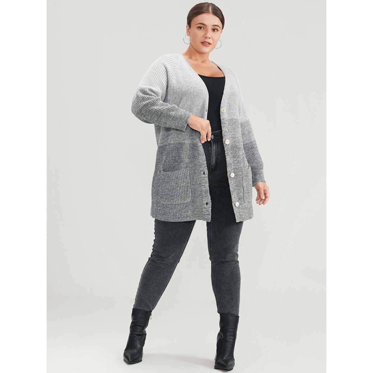 Plus Size Ombre Pointelle Knit Pocket Button Front Cardigan DimGray Women Elegant Loose Long Sleeve Dailywear Cardigans BloomChic 30/6X Product Image