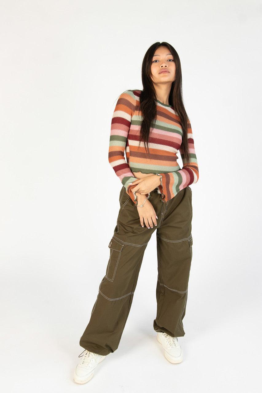 Cactus Flower Bell Sleeve Crochet Stripe Sweater Product Image