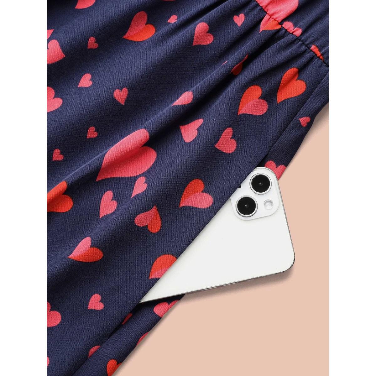 Plus Size Lace Insert Heart Print Waist-Tie Dress DarkBlue Women Elegant Woven ribbon&lace trim Round Neck Elbow-length sleeve Curvy BloomChic 10/M Product Image