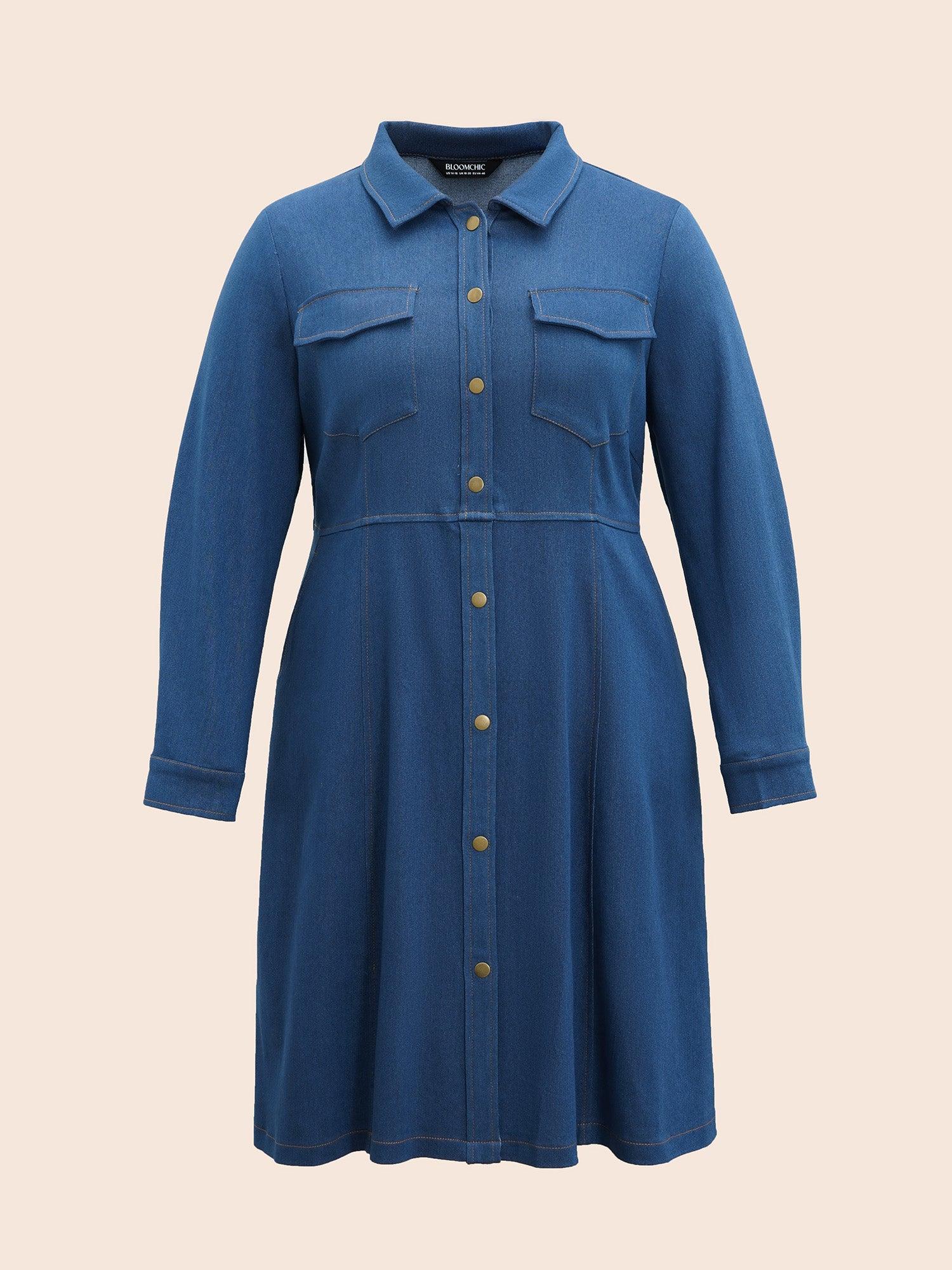Stretch Denim Chest Flaps Waist Defining Midi Dress Female Product Image