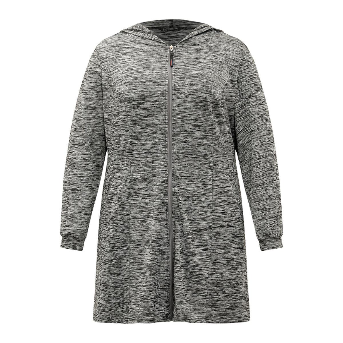 Plus Size Plain Heather Zipper Pocket Hooded Jacket Women DimGray Plain Pocket Dailywear Jackets BloomChic 10/M Product Image