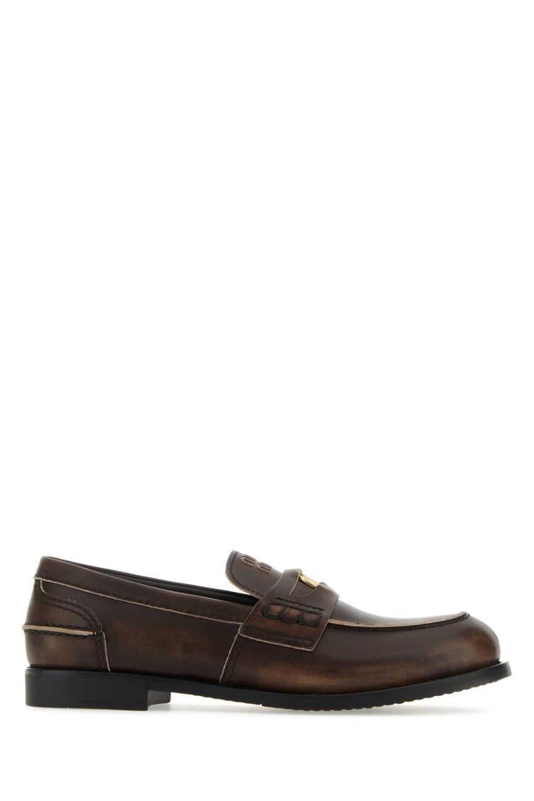 MIU MIU Leather Distressed Penny Loafers In Brown Product Image