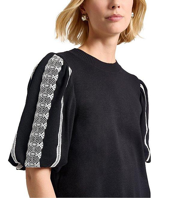 MISOOK Mixed Media Round Neck Lace Short Puff Sleeve Top Product Image