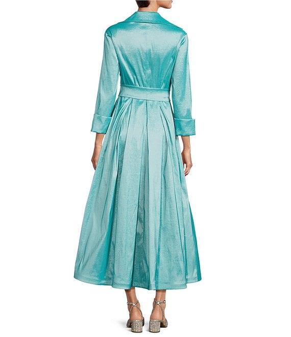 Marina 3/4 Sleeve Point Collar Neck Tie Waist Taffeta Midi A-Line Dress Product Image