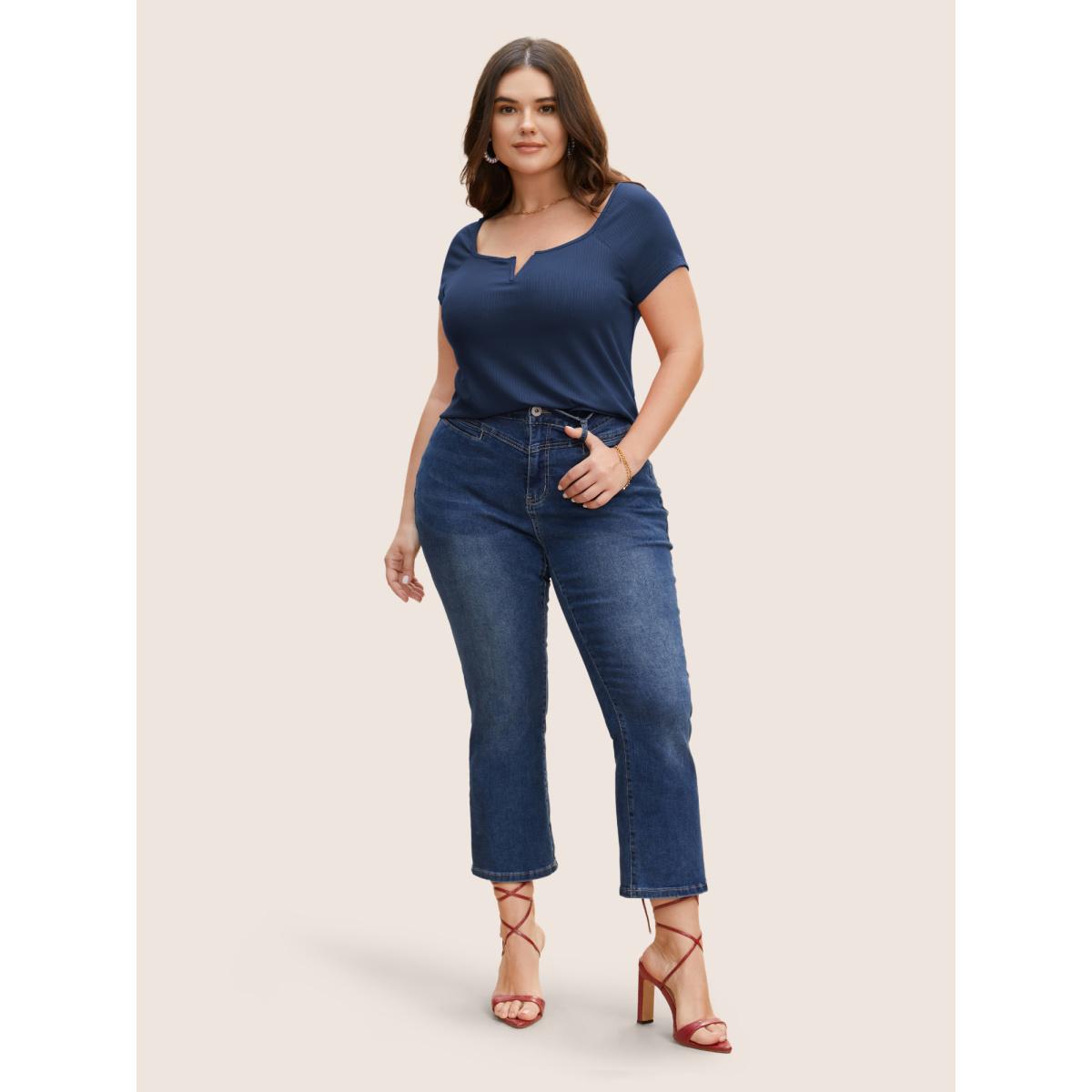 Plus Size Solid Notched Collar Pit Strip T-shirt Indigo Women Elegant Non Notched collar Bodycon Everyday T-shirts BloomChic 26/4X Product Image