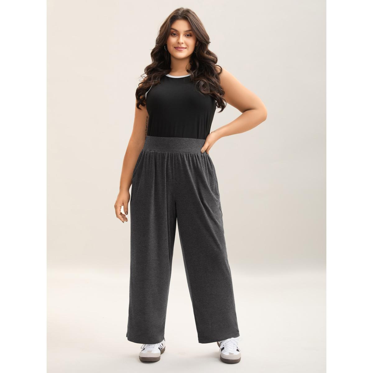 Plus Size Mixed Color Wide Waistband Pants Women DimGray Casual Wide Leg Mid Rise Everyday Pants BloomChic 18-20/2X Product Image