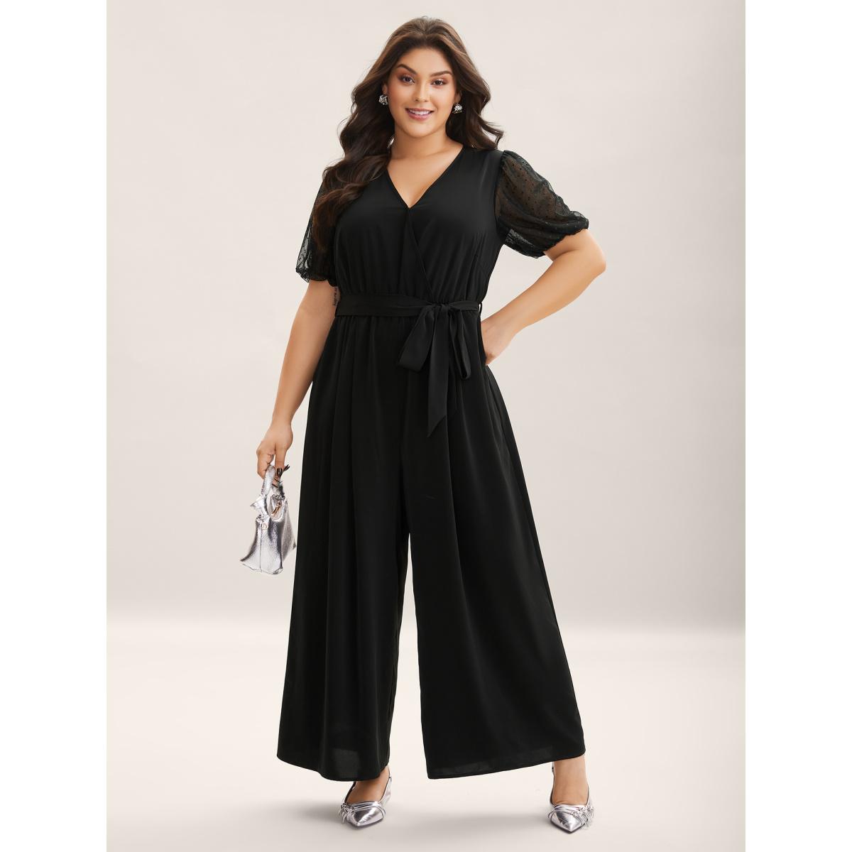 Plus Size Black Sheer Stretchy Waist Belted Solid Jumpsuit Women Office Half Sleeve Overlap Collar Office Loose Jumpsuits BloomChic 18-20/2X Product Image