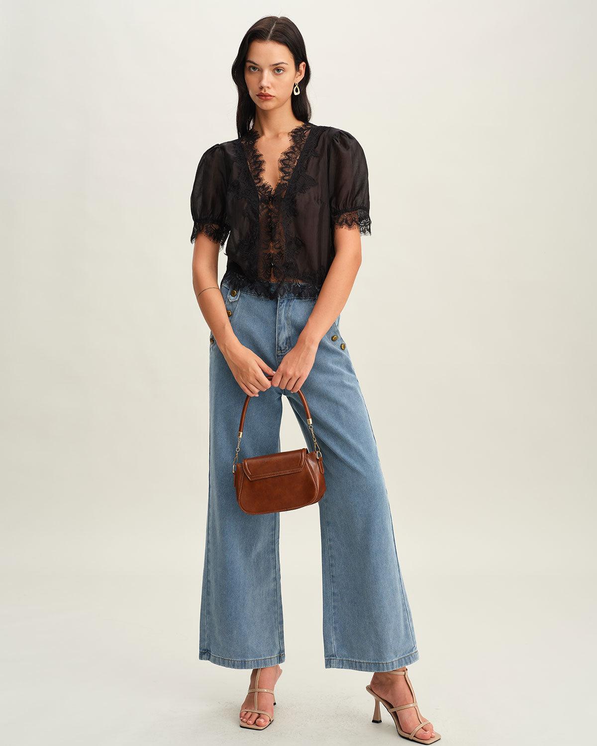 Black Puffed Sleeve Lace Blouse Product Image