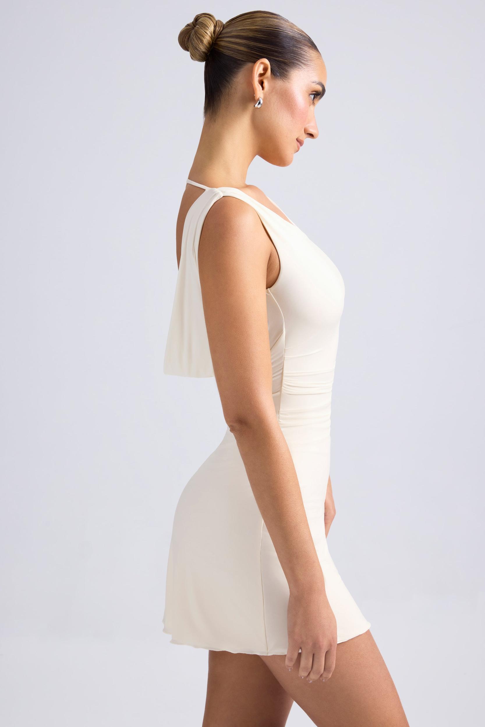 Off-Shoulder Cowl-Back A-Line Mini Dress in Ivory Product Image