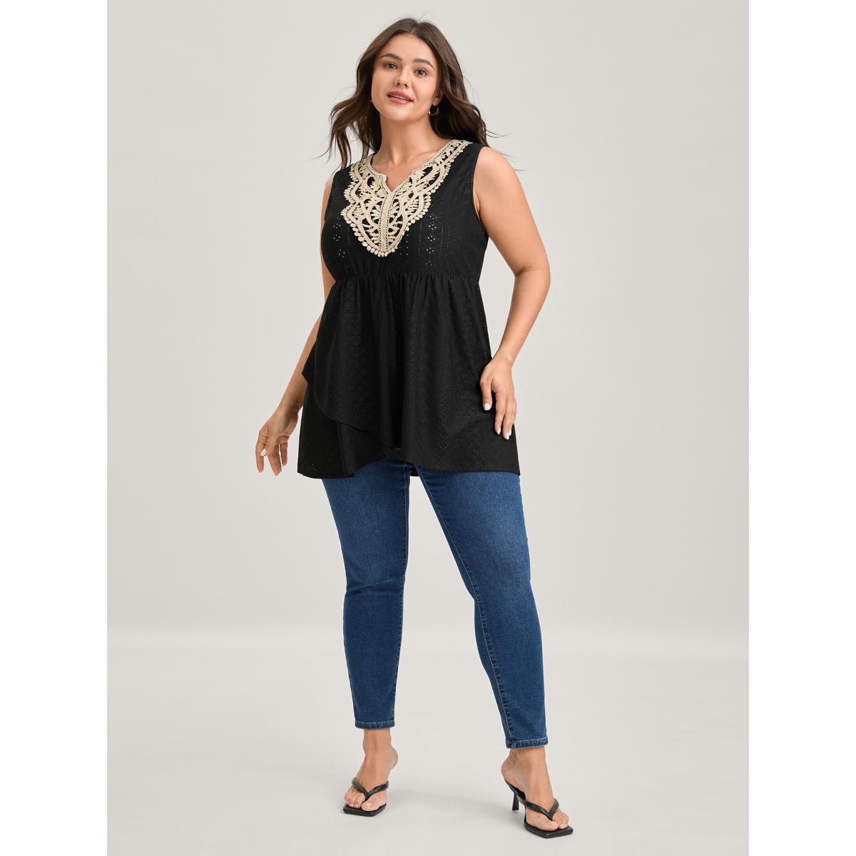 Plus Size Textured Floral Lace Neck Long Tank Top Women Black Boho Overlapping Flat collar with V-notch Vacation Tank Tops Camis BloomChic 18-20/2X Product Image