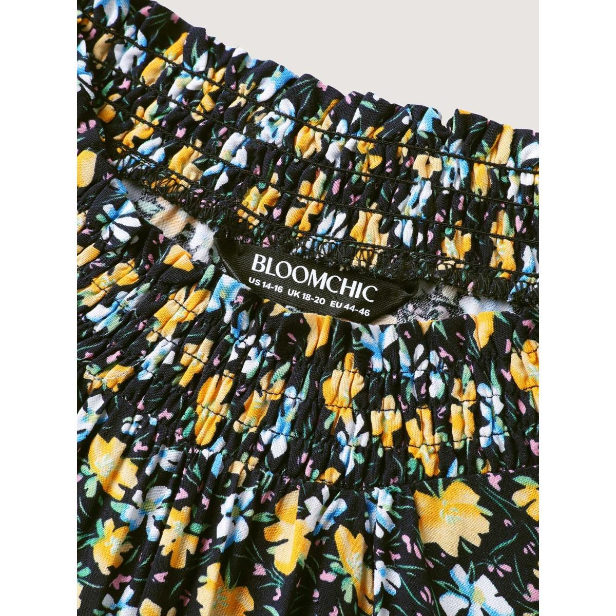 Plus Size Floral Shirred Mock Neck Pockets Midi Dress Black Women Mock Neck Cap Sleeve Curvy BloomChic 30/6X Product Image