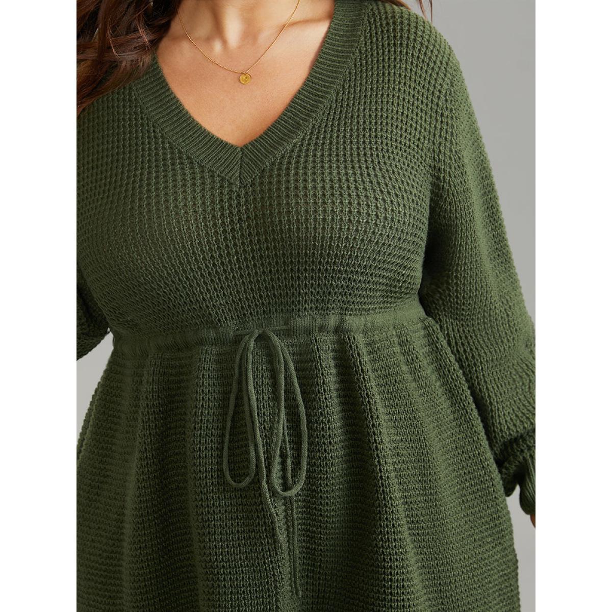Plus Size Solid Drawstring Curved Hem Knit Pullover ArmyGreen Women Casual Long Sleeve V-neck Everyday Pullovers BloomChic 28/5X Product Image