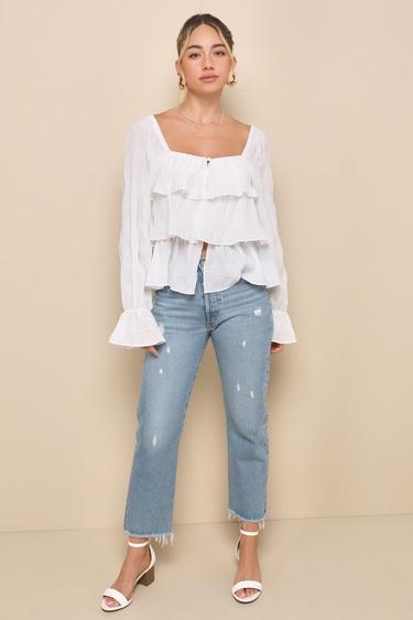Tier Decadence Ivory Tiered Ruffled Long Sleeve Button-Up Top Product Image