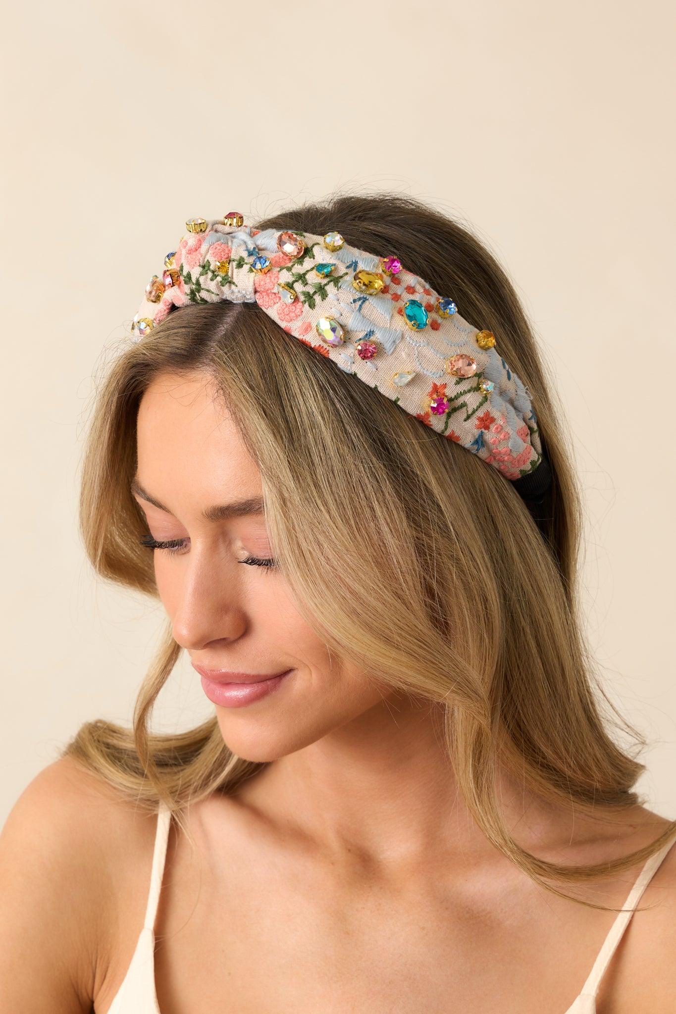 True To Yourself Beige Floral Embroidered Knot Headband Product Image