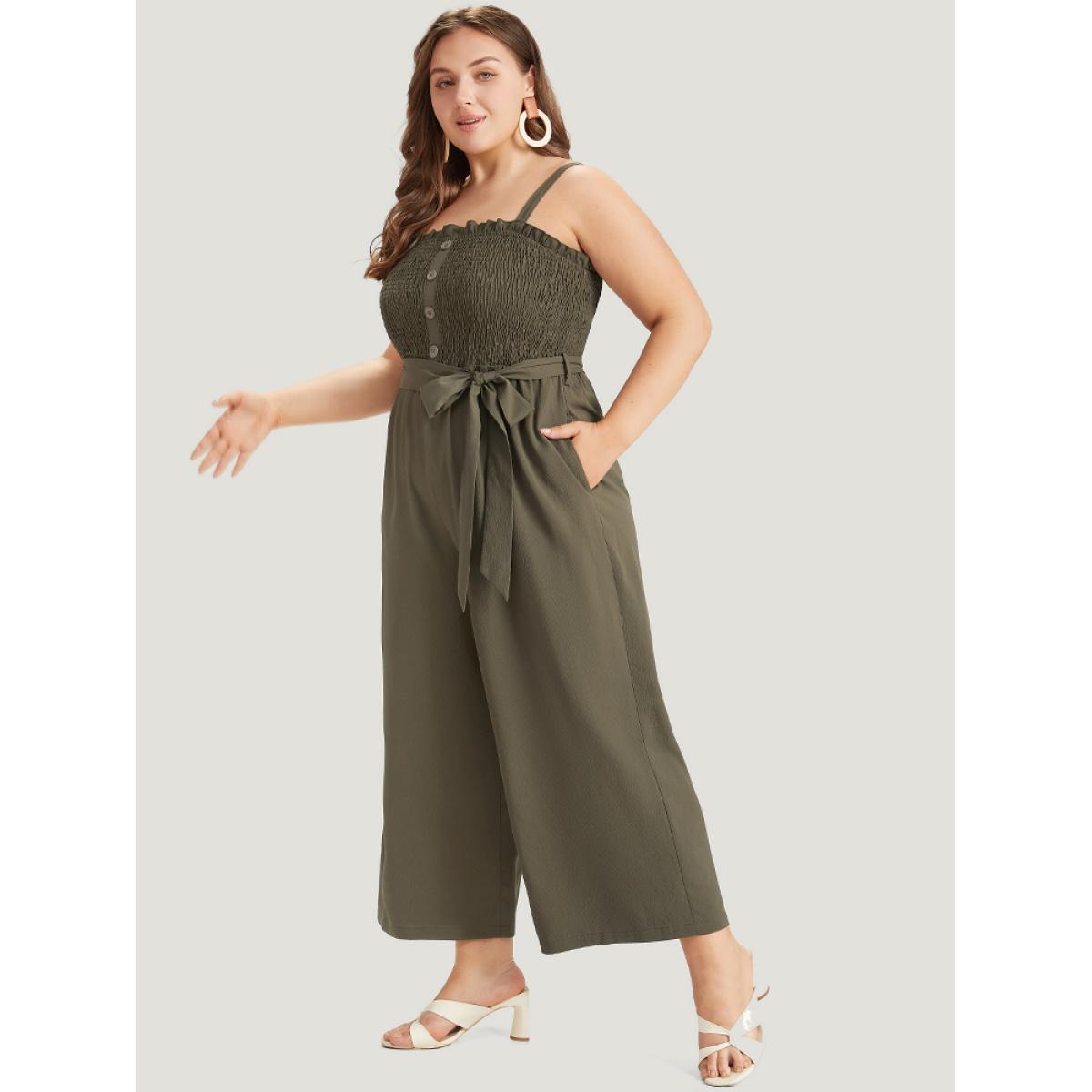 Plus Size ArmyGreen Shirred Frill Trim Belted Button Detail Cami Jumpsuit Women Elegant Sleeveless Square Neck Dailywear Loose Jumpsuits BloomChic 14-16/1X Product Image