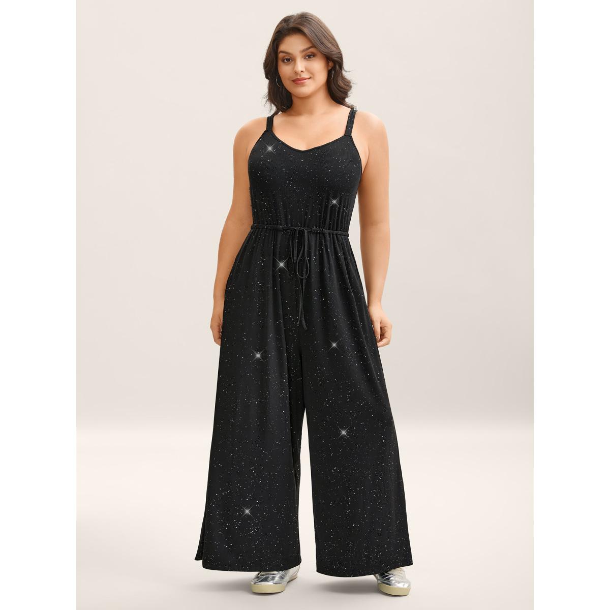 Plus Size Black Sequins Waist-Tie Wide-Leg Jumpsuit Women Sleeveless V-neck Everyday-Casual Loose Jumpsuits BloomChic 18-20/2X Product Image