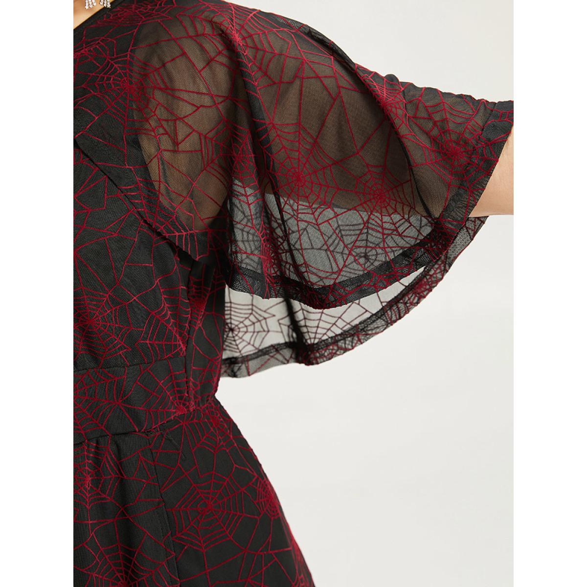 Plus Size Halloween Spider Web Pattern Keyhole Dress Black Women Party Gathered Notched collar Half Sleeve Curvy Midi Dress BloomChic 26/4X Product Image