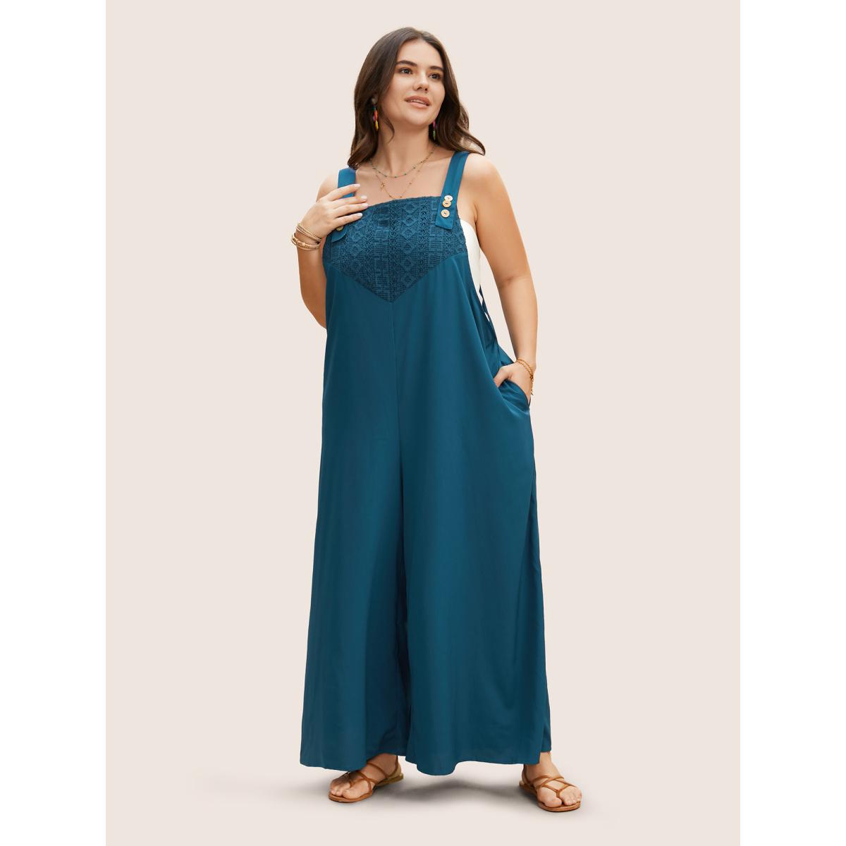 Plus Size Aegean Pointelle Knit Patchwork Button Detail Loose Jumpsuit Women Casual Sleeveless Square Neck Everyday Loose Jumpsuits BloomChic 30/6X Product Image