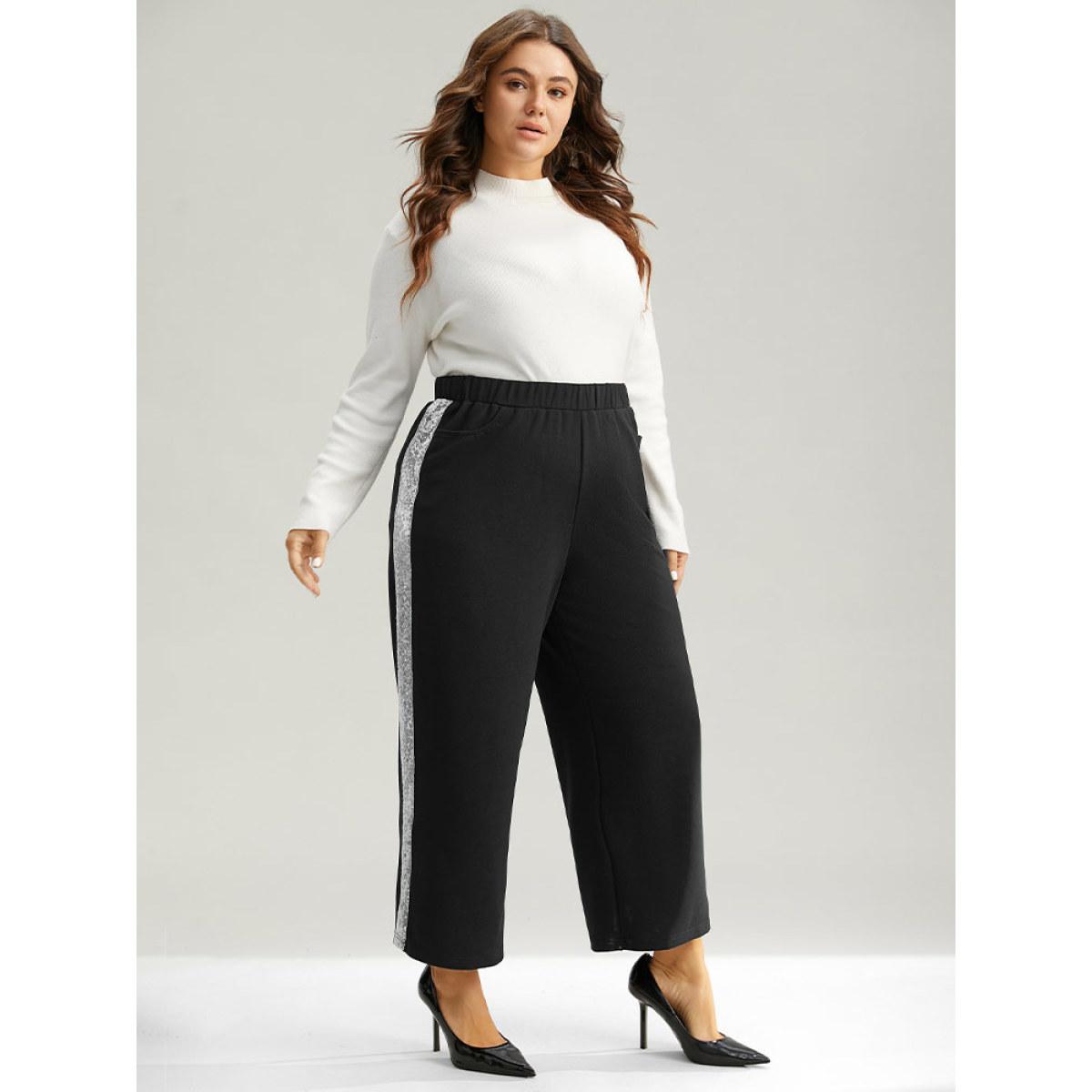 Plus Size Sequin Patchwork Pocket Wide Leg Pants Women Black Glamour Wide Leg High Rise Festival-Christmas Pants BloomChic 12/L Product Image