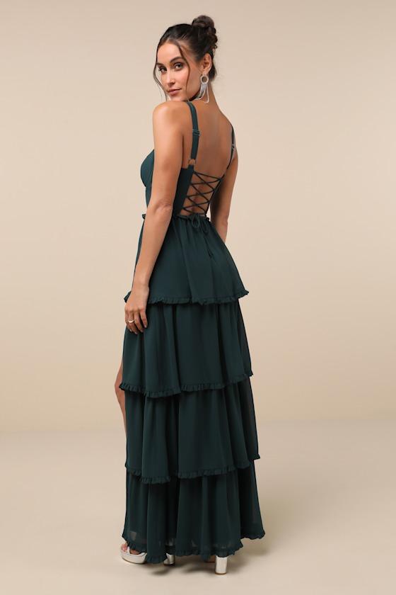 Sophisticated Occasion Emerald Green Bustier Lace-Up Maxi Dress Product Image