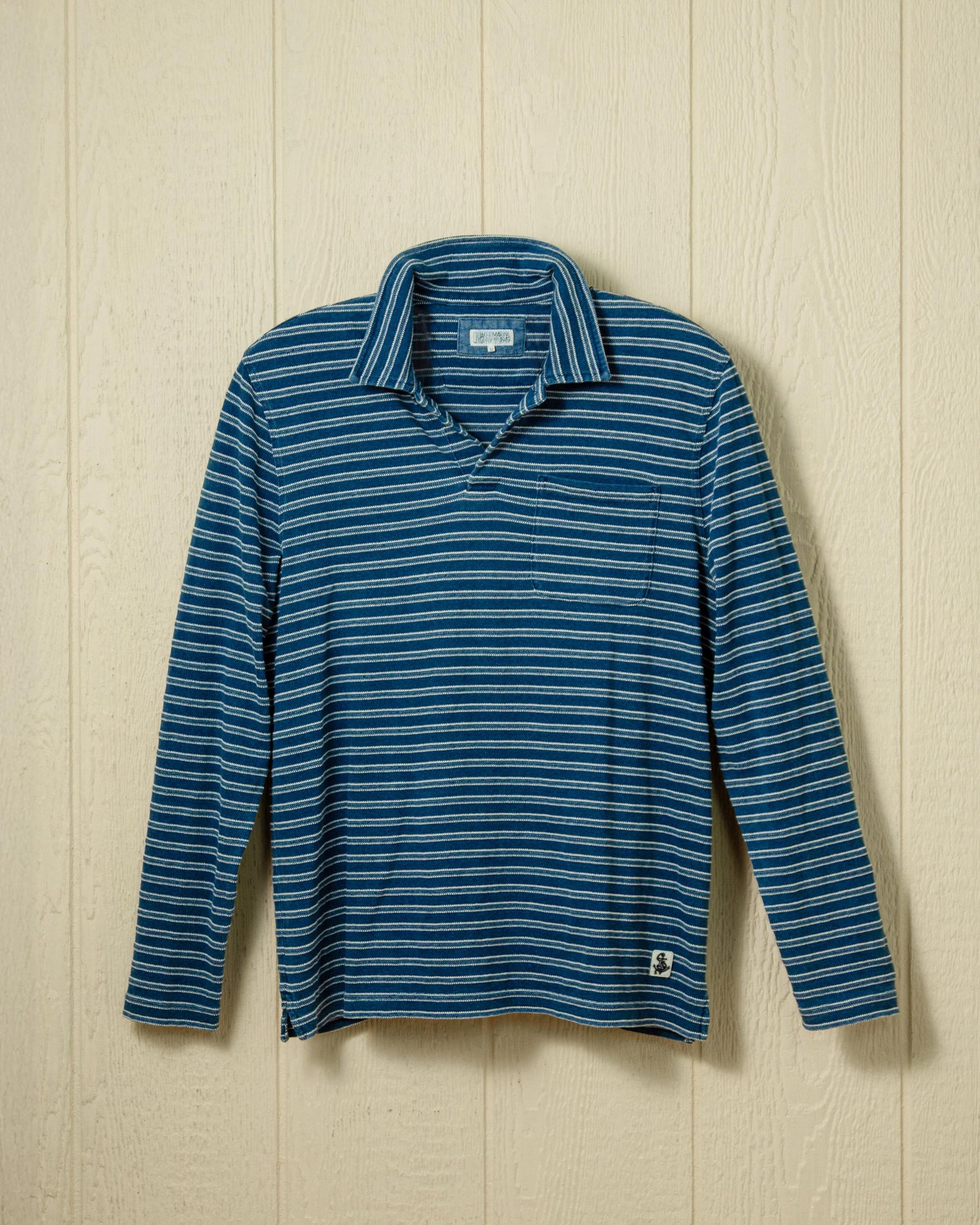 Long Sleeve Indigo Polo in Mid Wash Jacquard Stripe Product Image