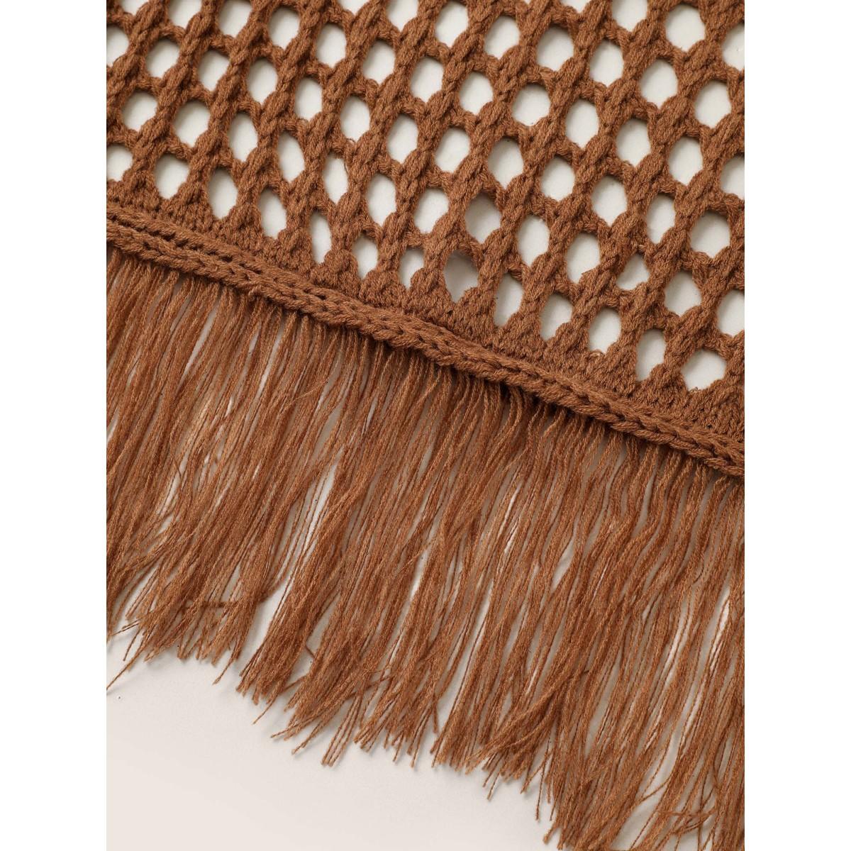 Plus Size Solid Cut Out Fringe Hem Swim Cover Up Women's Swimwear Chocolate Beach Tassels Curve Swim Cover Ups BloomChic 18-20/2X Product Image