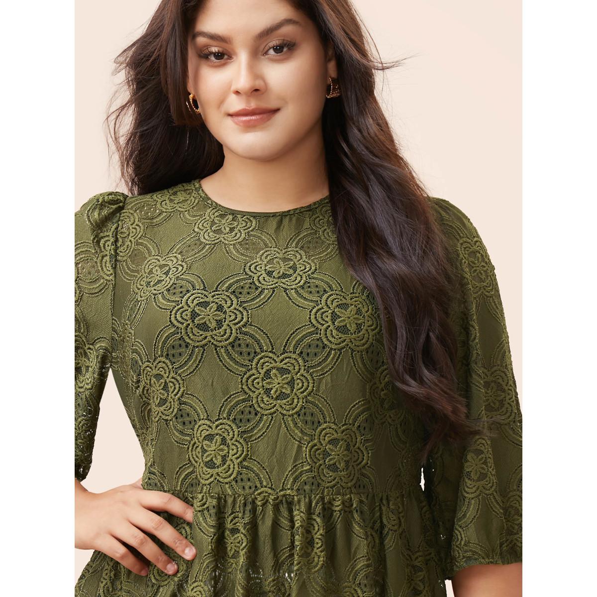 Plus Size Olive Crew Neck Crochet Lace Lantern Sleeve Blouse Women Elegant Elbow-length sleeve Round Neck Everyday Blouses BloomChic 26/4X Product Image