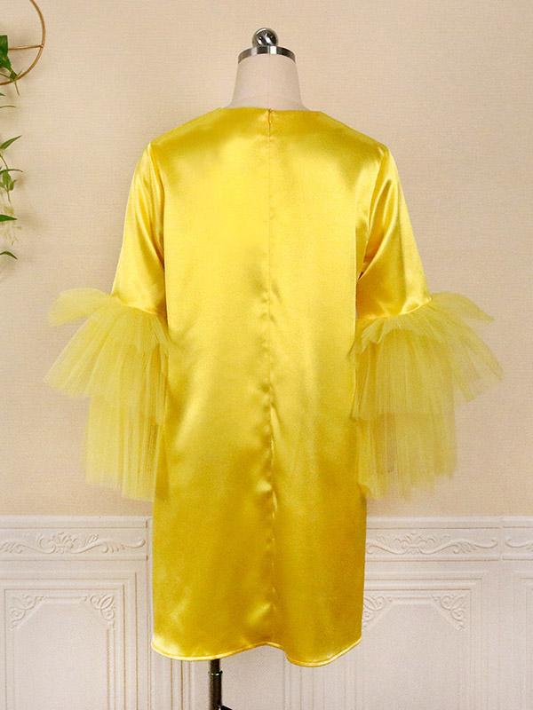 Half Sleeves Loose Shiny Solid Color Split-Joint Tulle Round-Neck Mini Dresses Product Image