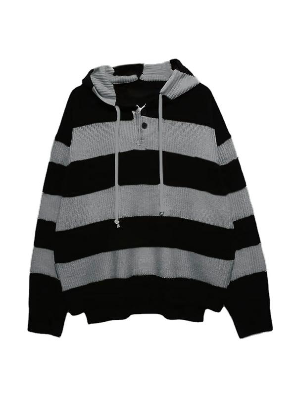 Men's Buttoned Striped Hooded Sweater Product Image