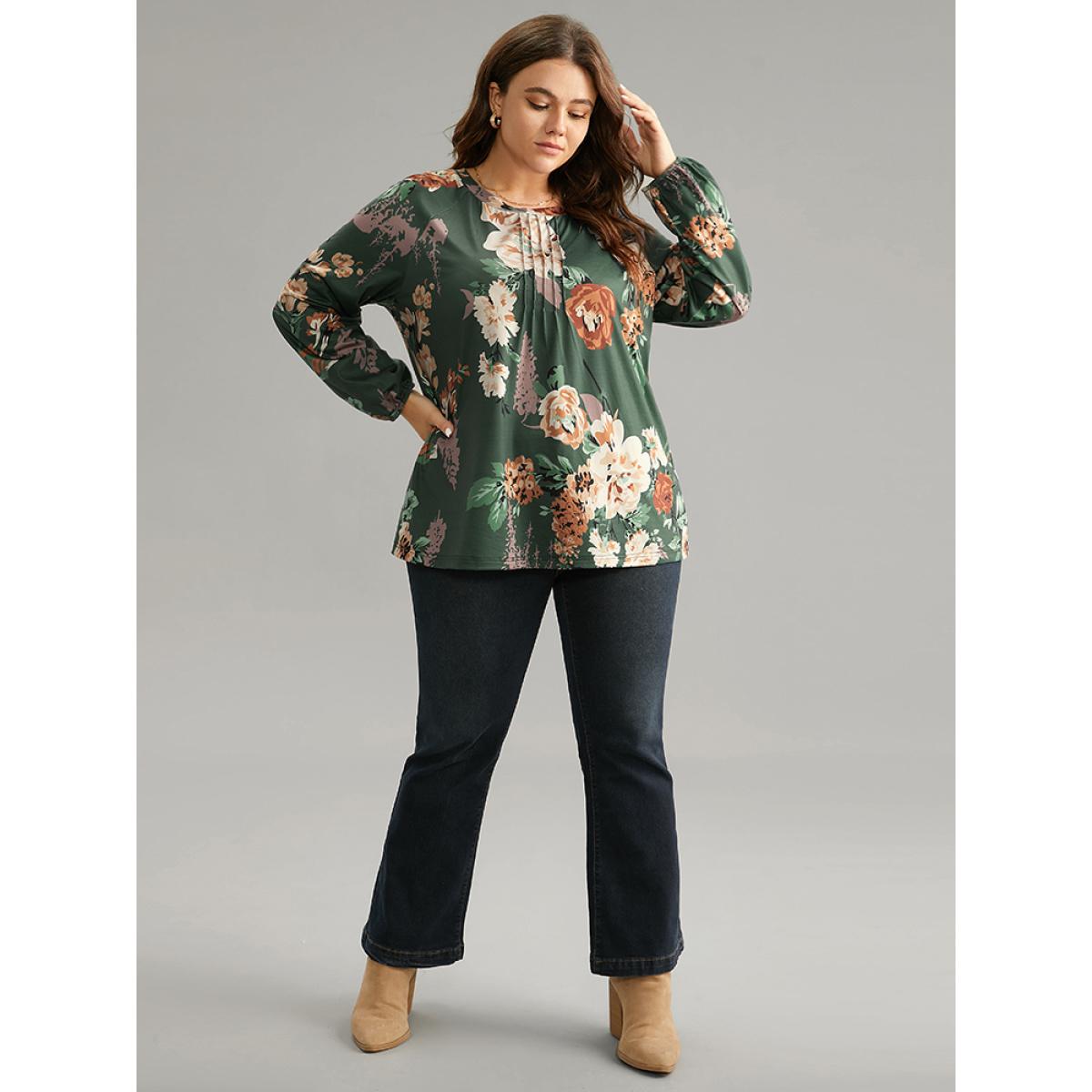 Plus Size Floral Print Pleated Detail Lantern Sleeve T-shirt DarkGreen Women Elegant Elastic cuffs Floral Round Neck Everyday T-shirts BloomChic 14-16/1X Product Image