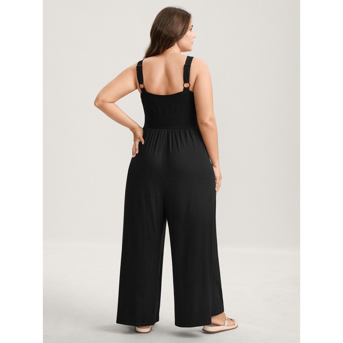 Plus Size Black Shirred Ruched Cut-Out Jumpsuit Women Sleeveless V-neck Everyday-Casual Loose Jumpsuits BloomChic 10/M Product Image