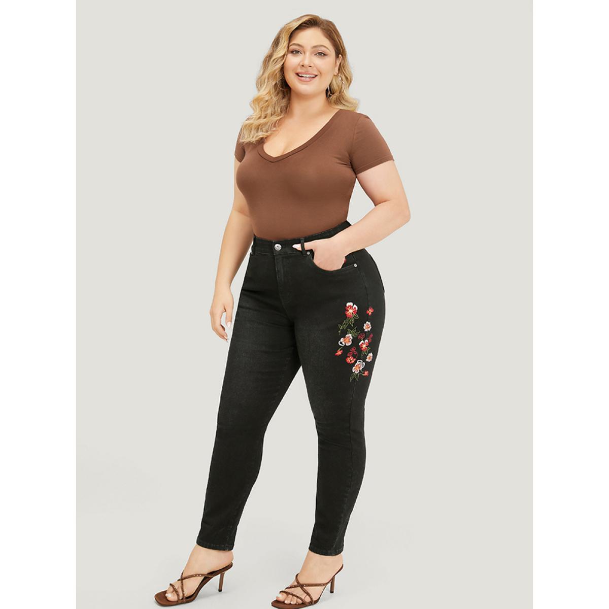 Plus Size Very Stretchy High Rise Black Wash Floral Embroidered Jeans Women Black Casual Plain Embroidered High stretch Pocket Jeans BloomChic 18/2X Product Image