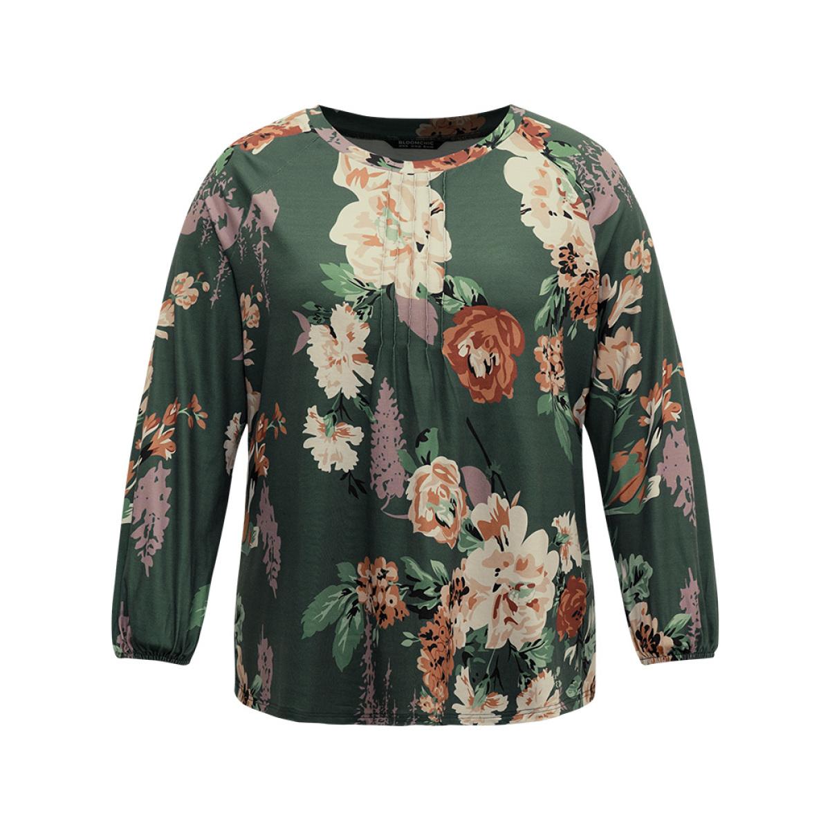Plus Size Floral Print Pleated Detail Lantern Sleeve T-shirt DarkGreen Women Elegant Elastic cuffs Floral Round Neck Everyday T-shirts BloomChic 14-16/1X Product Image
