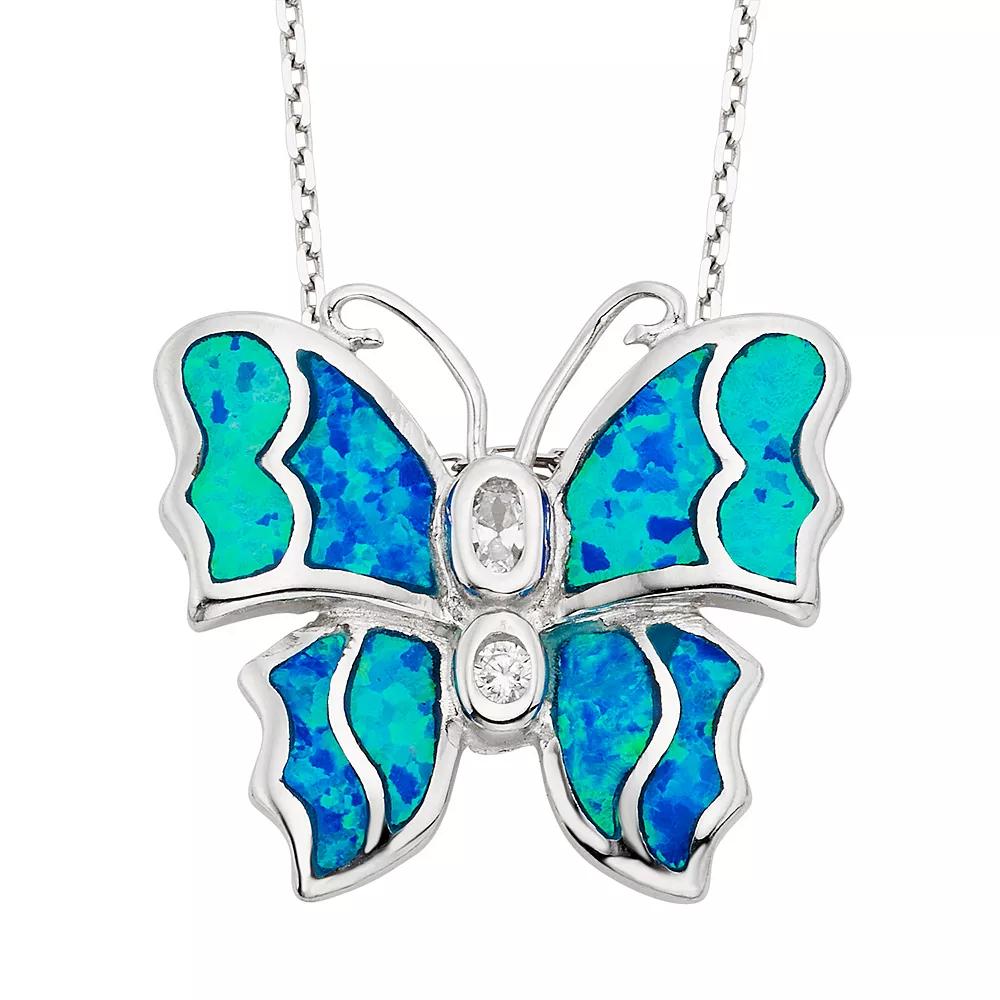 Lab-Created Blue Opal & Cubic Zirconia Sterling Silver Butterfly Pendant Necklace, Women's, Size: 18" Product Image
