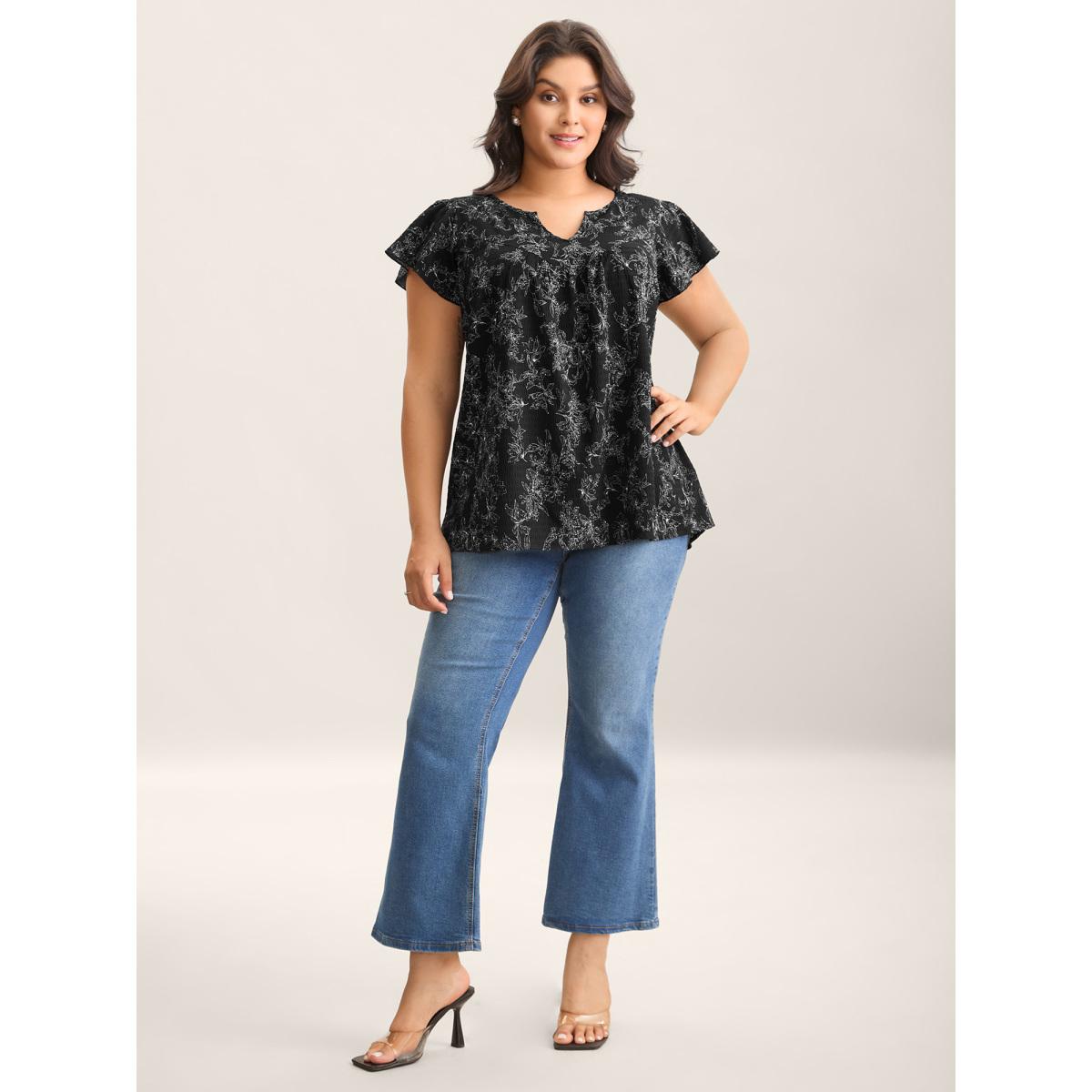 Plus Size Black Silhouette Floral Print Flutter Sleeve Blouse Women Timeless Cap Sleeve Notched collar Elegant Blouses BloomChic 18-20/2X Product Image