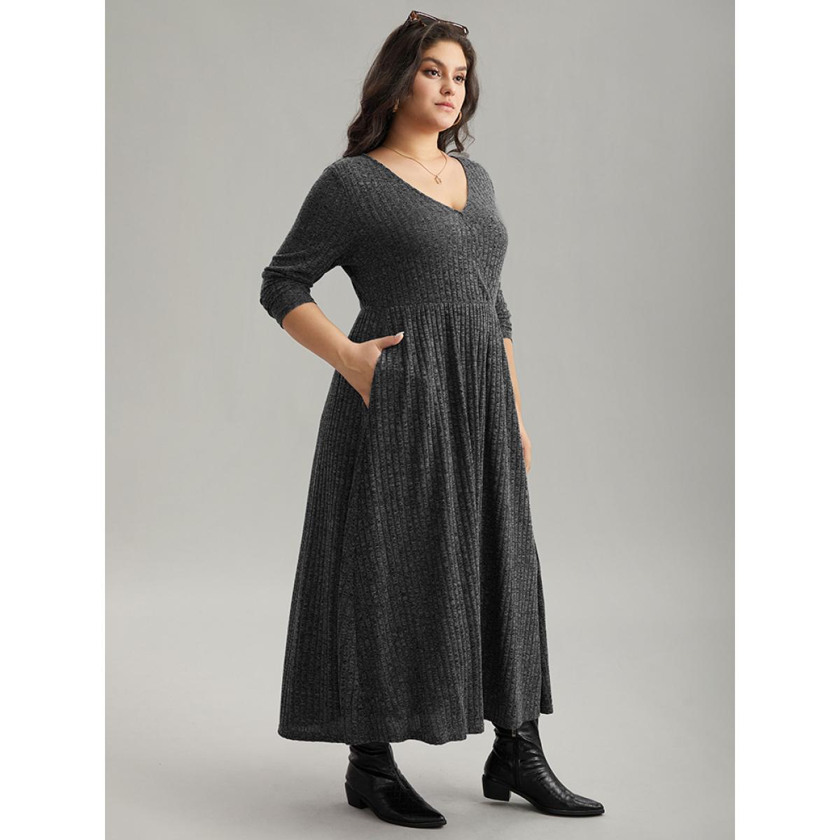 Plus Size Solid Rib Knit Overlap Collar Pocket Dress DimGray Women Casual Texture Overlap Collar Long Sleeve Curvy Midi Dress BloomChic 30/6X Product Image