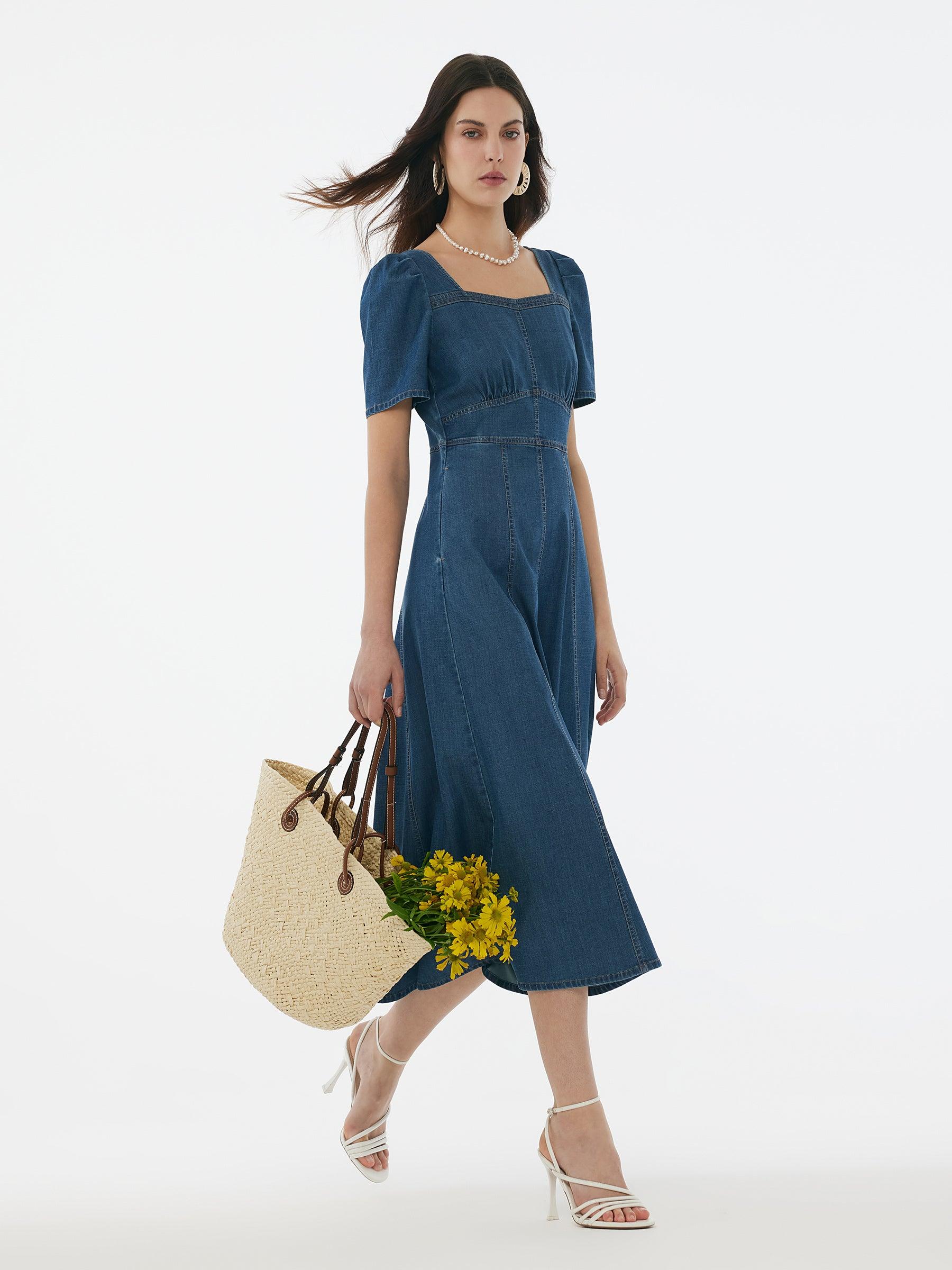 Denim Stretch Women Square Neck Midi Dress Product Image
