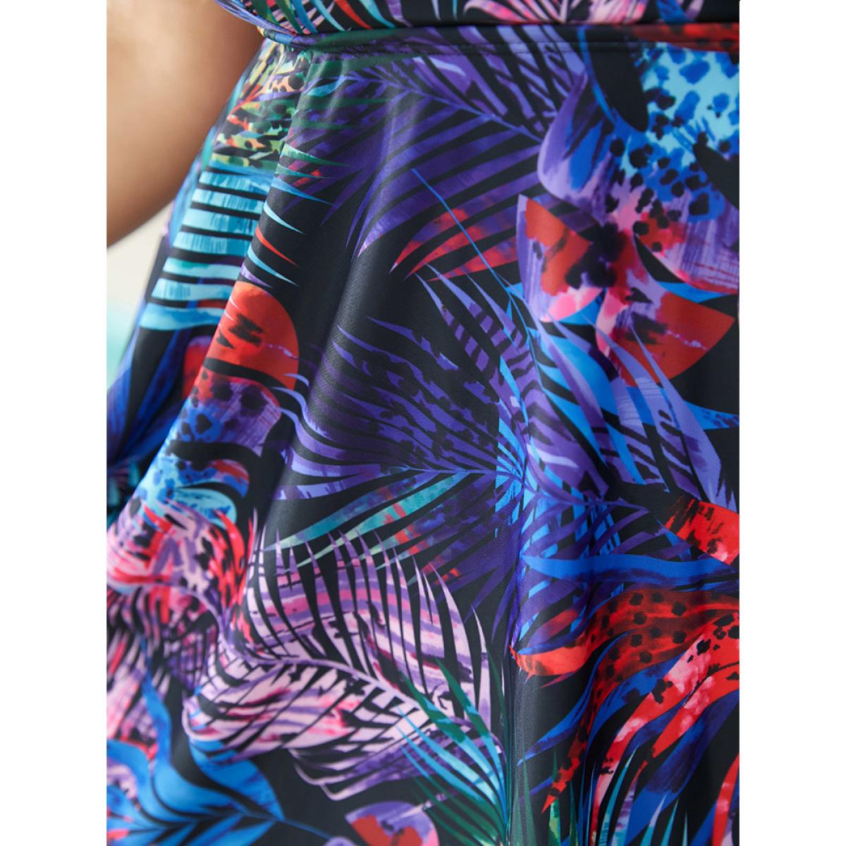 Plus Size Tropical Print Ruffle Hem Adjustable Straps Cami Swim Dress Women's Swimwear BlackFlower Vacation Bodycon Round Neck High stretch Curve Swim Dresses BloomChic 26/4X Product Image