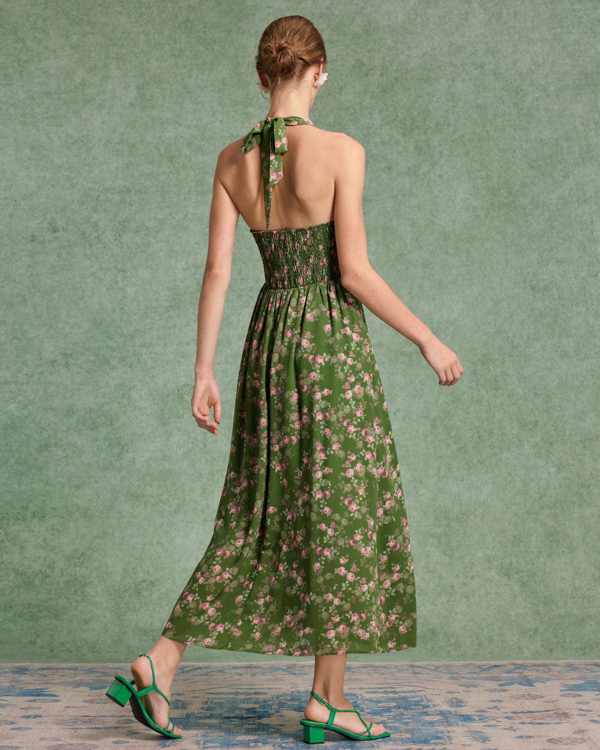 Green Floral Shirred Halter Maxi Dress Product Image