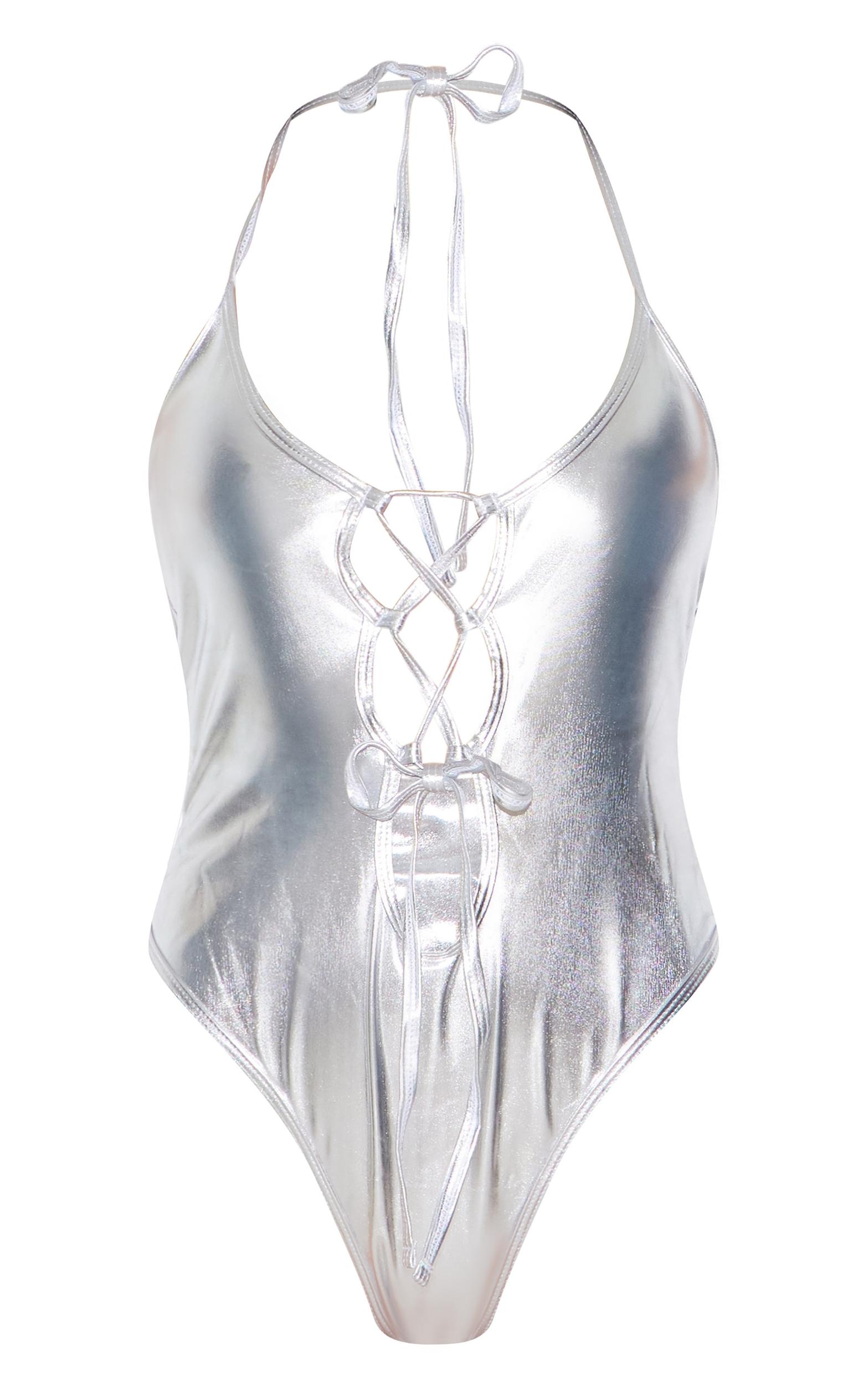 Silver Metallic Cut Out High Leg Swimsuit Product Image