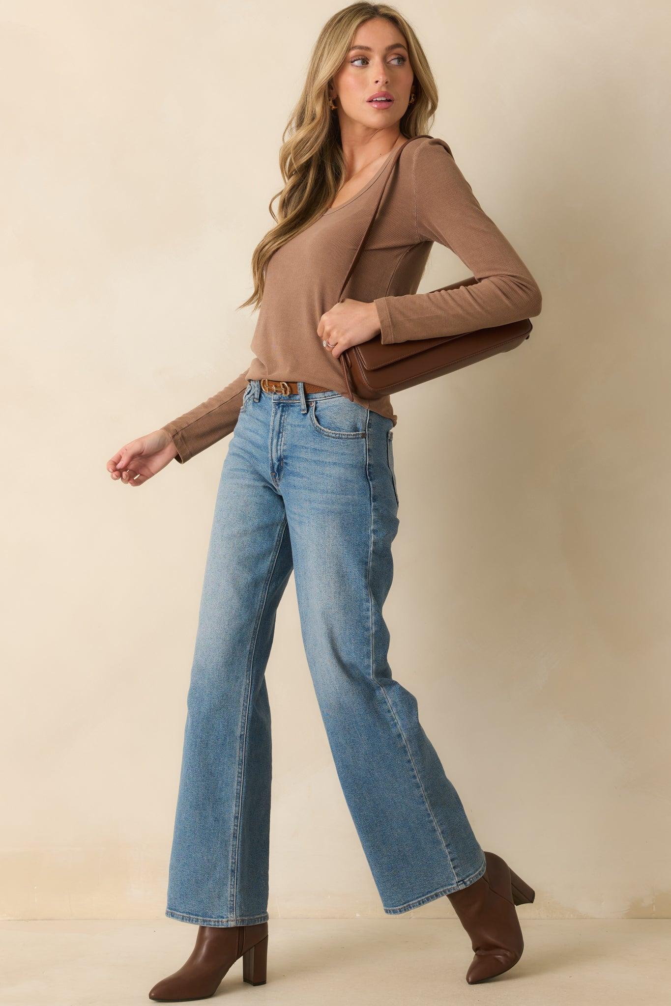 There When You Need It Mocha Brown Ribbed Long Sleeve Tee L / Mocha Product Image