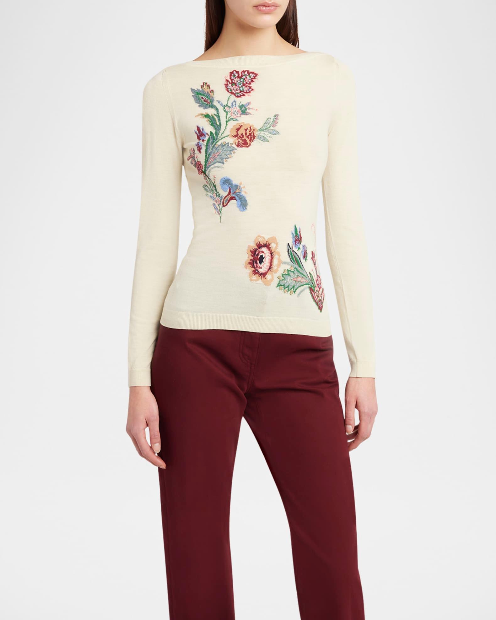 Boat-Neck Floral Linen Knit Sweater Product Image