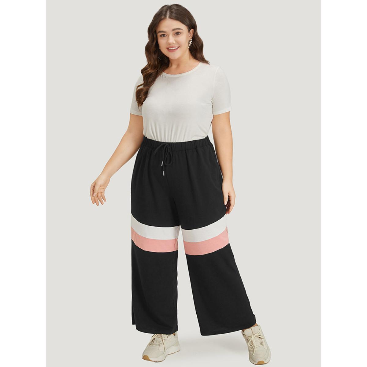 Striped Contrast Drawstring Pocket Elastic Waist Sweatpants Black Plus Size Women Casual Dailywear Contrast 28/5X Bloomchic Product Image