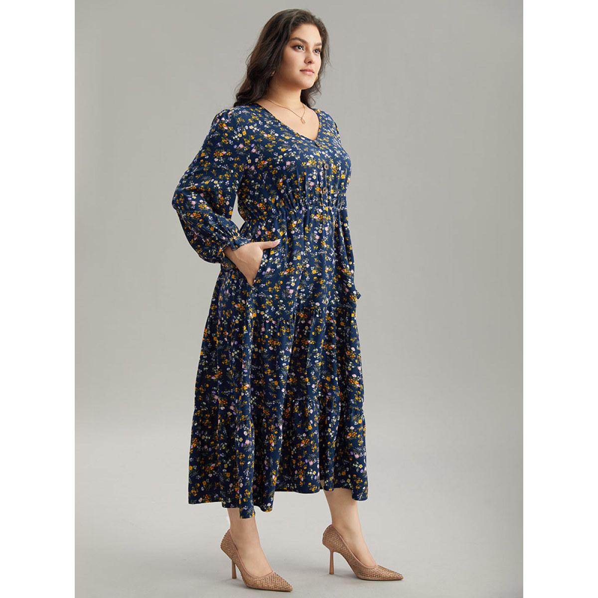 Plus Size Ditsy Floral Button Detail Ruffles Pocket Dress Navy Women Office Printed V-neck Long Sleeve Curvy Midi Dress BloomChic 14-16/1X Product Image