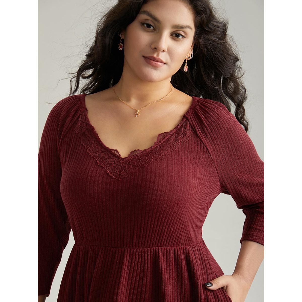 Plus Size Solid Rib Knit Lace Insert Dress Burgundy Women Elegant Rib Knit V-neck Long Sleeve Curvy Midi Dress BloomChic 18-20/2X Product Image