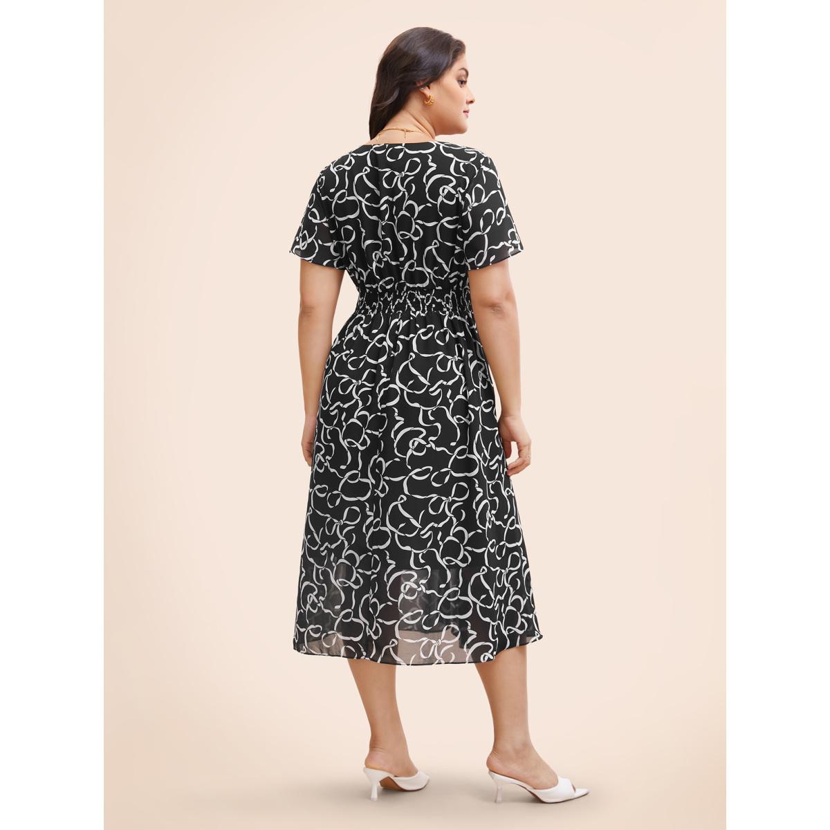 Plus Size Chiffon Bowknot Print Ruffle Sleeve Midi Dress Black Women Elegant See through V-neck Short sleeve Curvy BloomChic 10/M Product Image