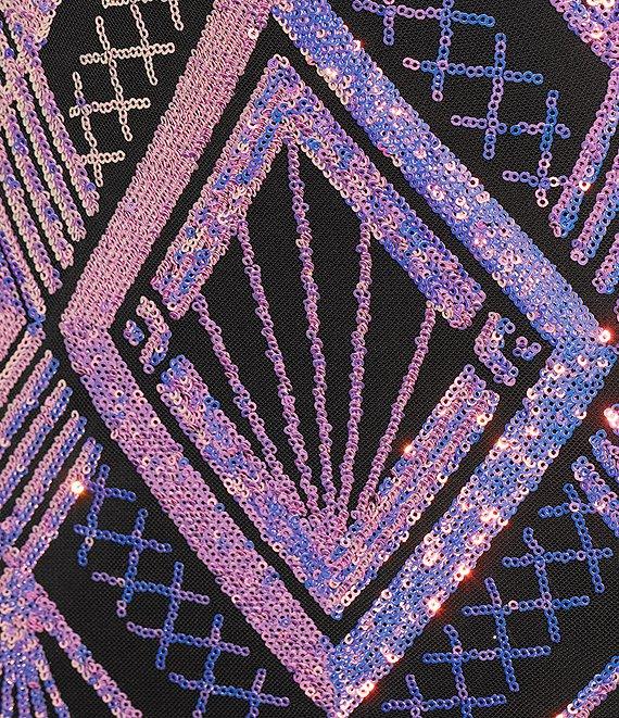 Honey and Rosie Patterned Sequin V-Neck Spaghetti Strap Tie Back Fitted Mermaid Gown Product Image